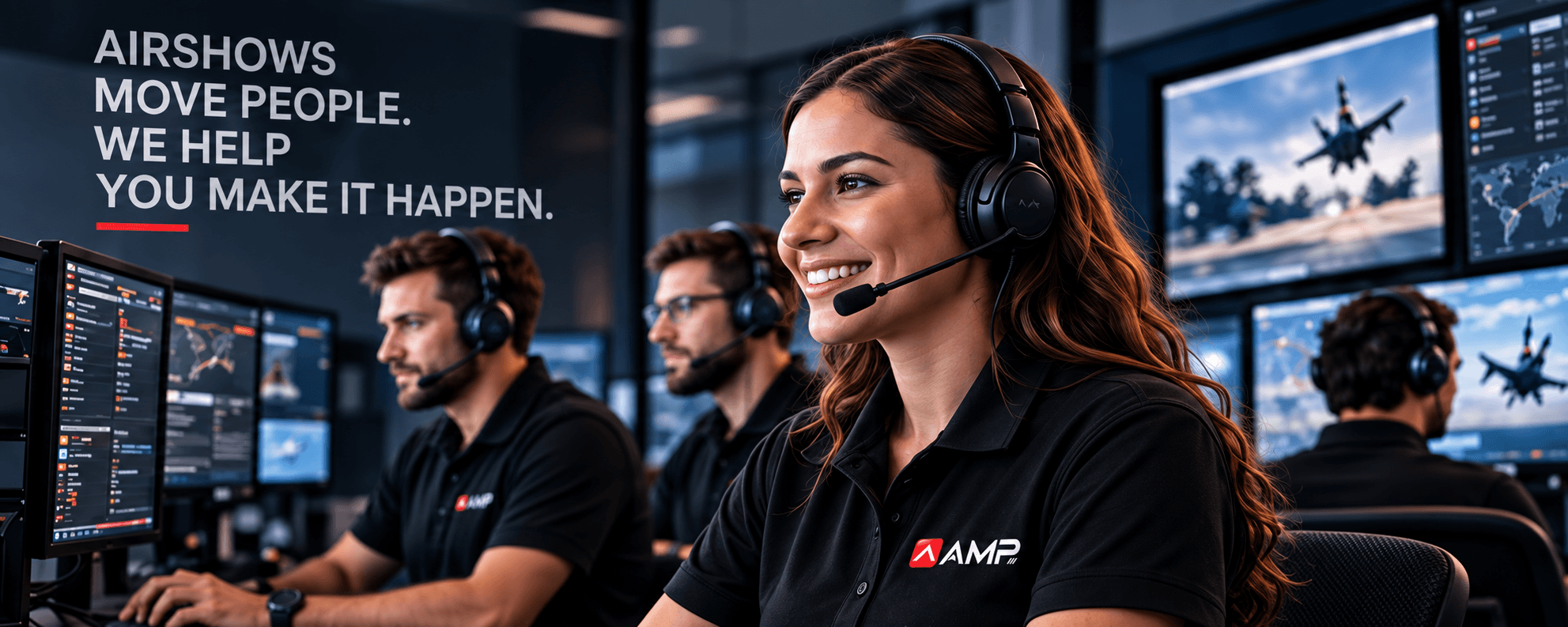 Airshows move people. We help you make it happen. — support agents in AMP shirts wearing headsets at their desks