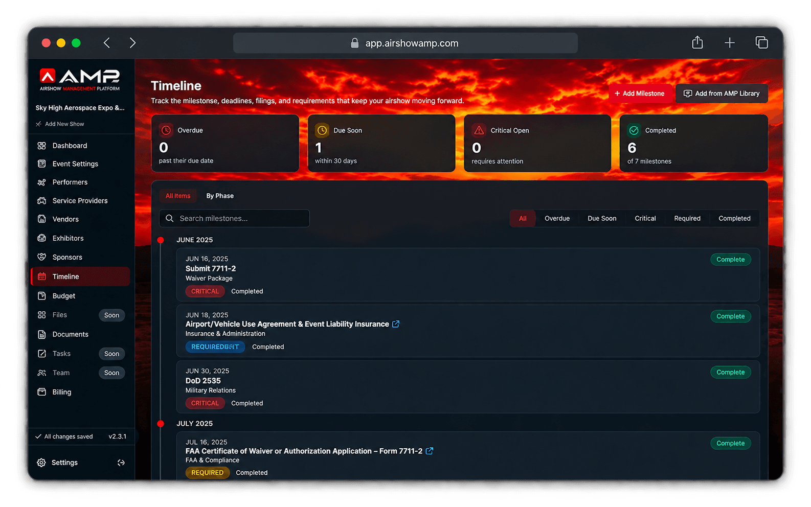 AMP's Timeline page, showing upcoming filing deadlines and their completion status