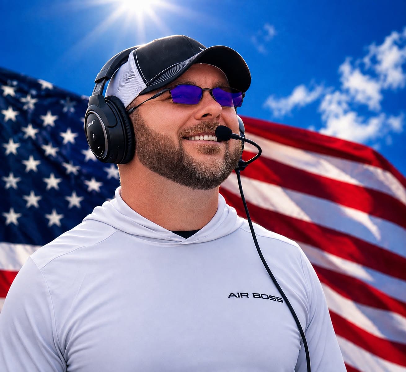 Hugh Allen "Trey" Brown III, wearing an Air Boss headset in front of an American flag